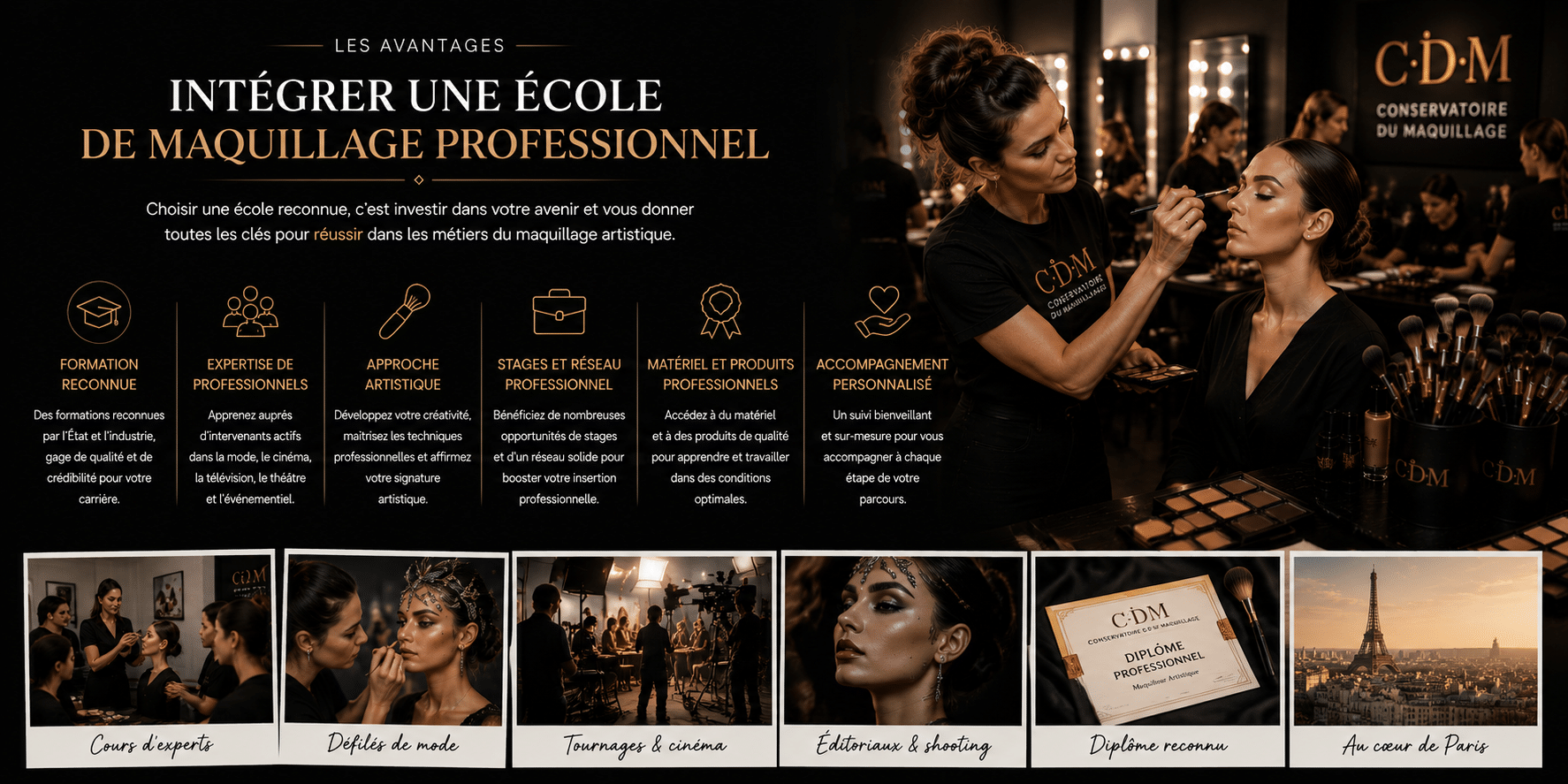 Les avantages d’une formation en maquillage professionnel avec maquilleuse artistique réalisant un maquillage beauté en studio au Conservatoire du Maquillage.