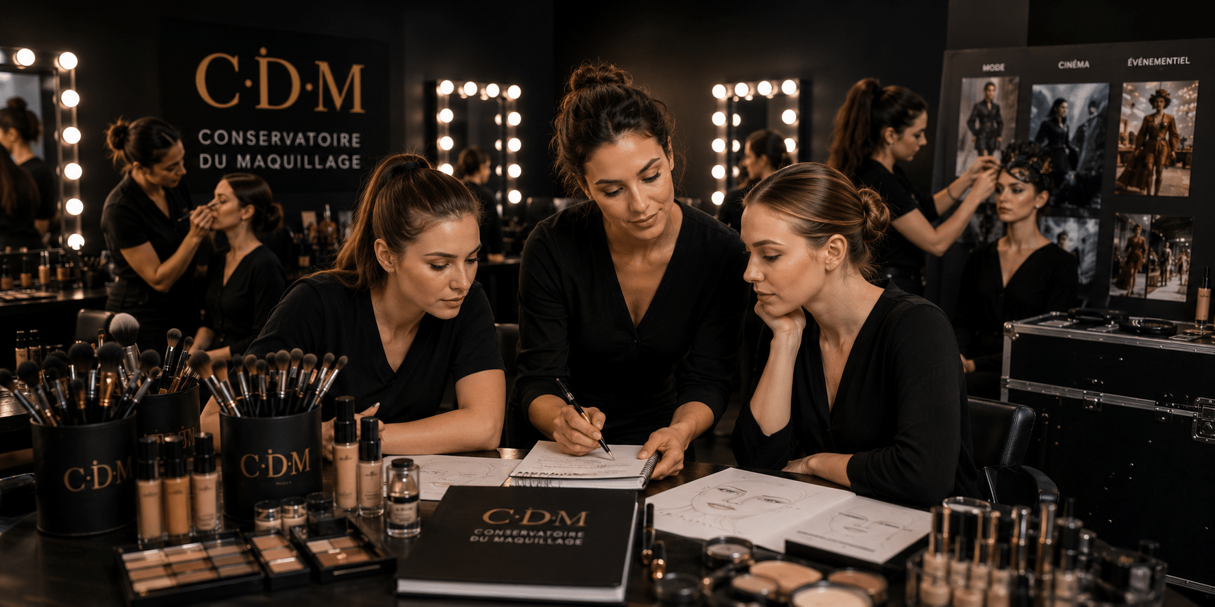 FAQ école de maquillage professionnel avec accompagnement pédagogique, étudiants en formation artistique et maquillage en studio au Conservatoire du Maquillage.