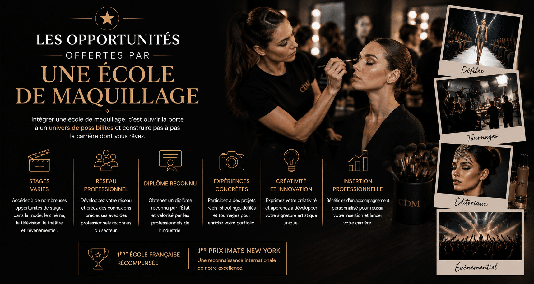 Les opportunités offertes par une école de maquillage avec maquilleuse professionnelle, stages artistiques, défilés, tournages et insertion dans les métiers du maquillage.