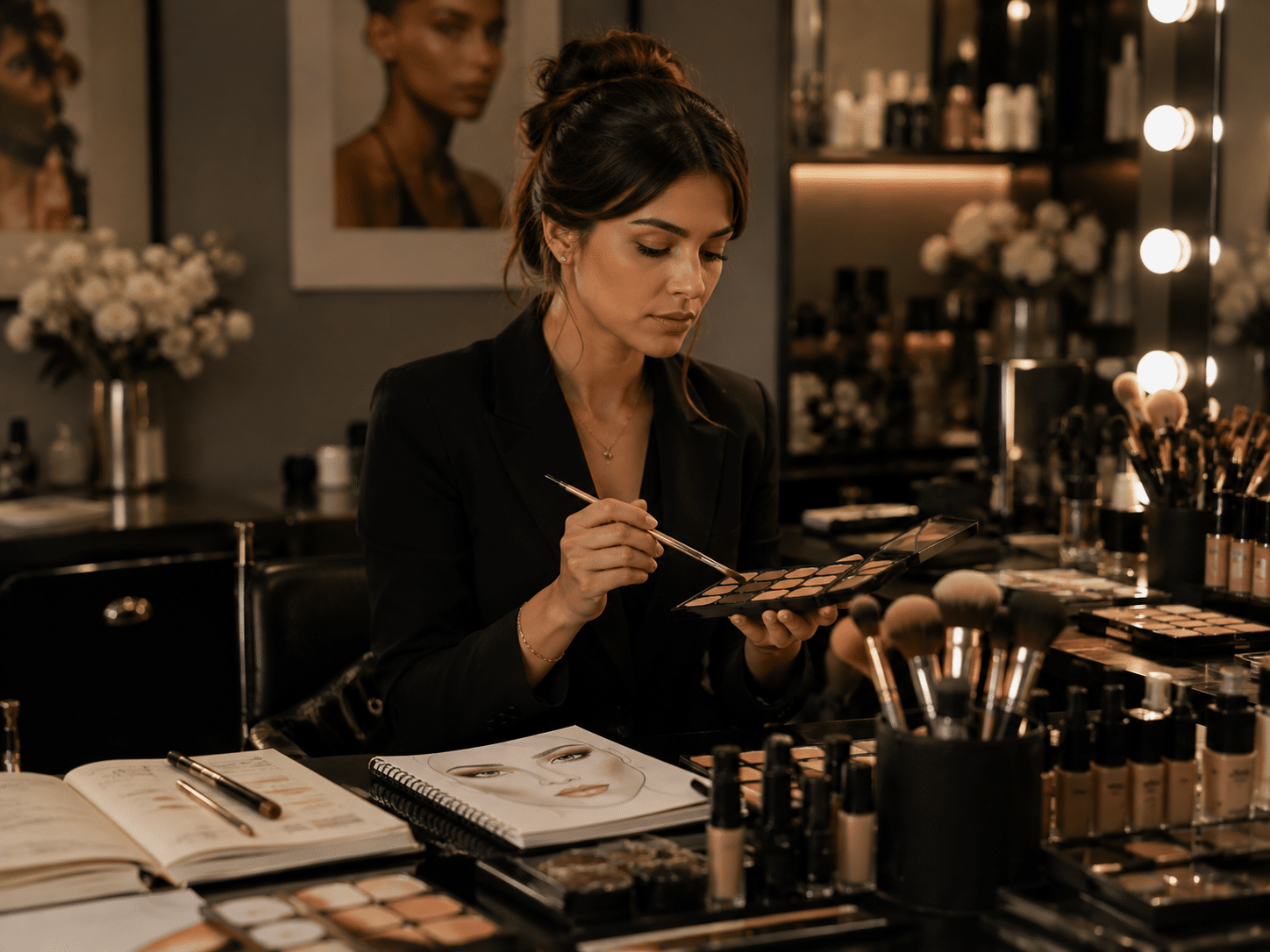Future maquilleuse professionnelle préparant une palette et travaillant ses techniques de maquillage