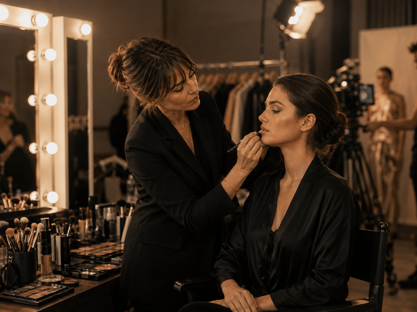 Maquilleuse professionnelle réalisant une retouche maquillage sur un modèle en backstage