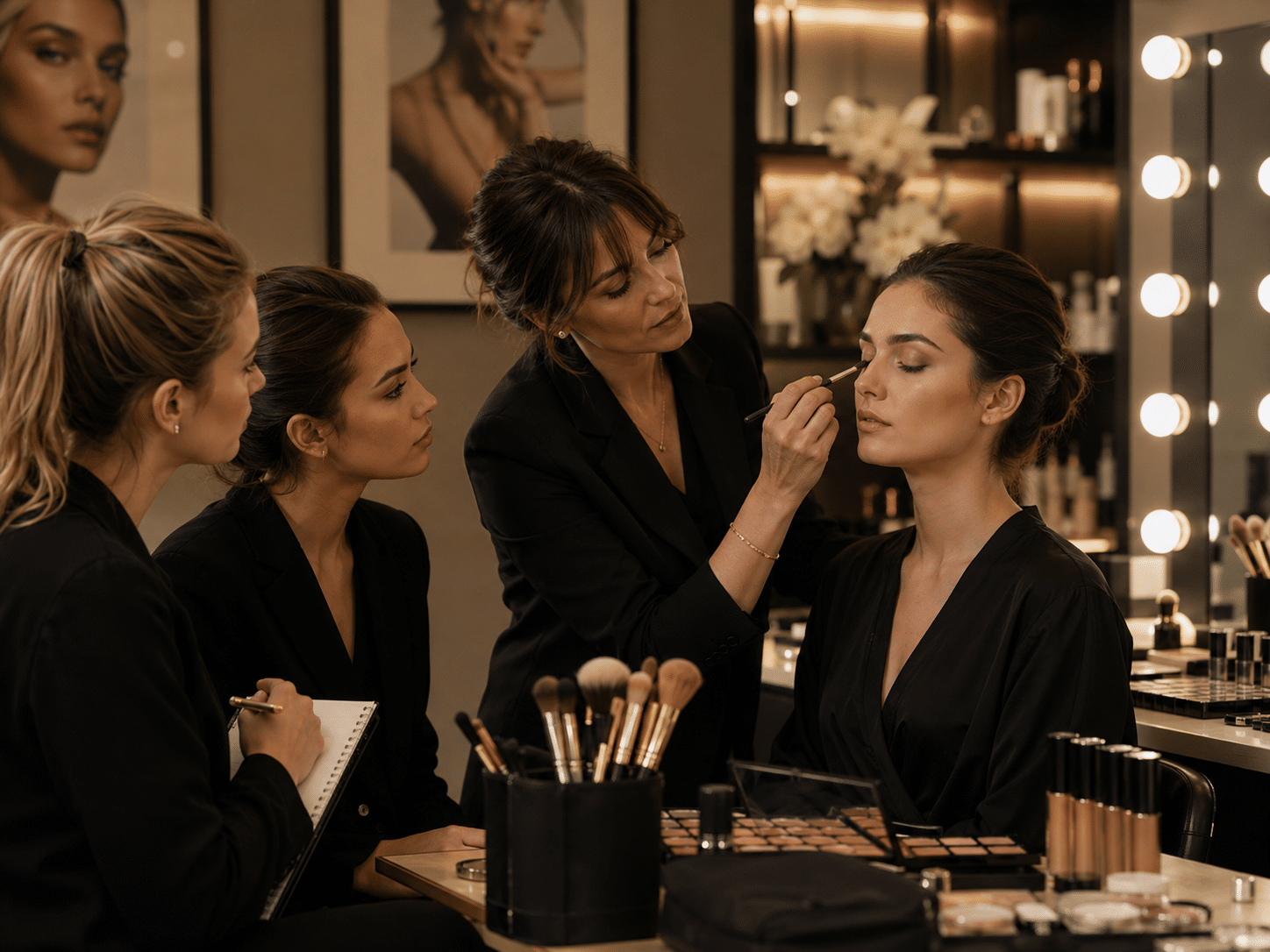 Formatrice enseignant les techniques de maquillage professionnel à des élèves en école de maquillage