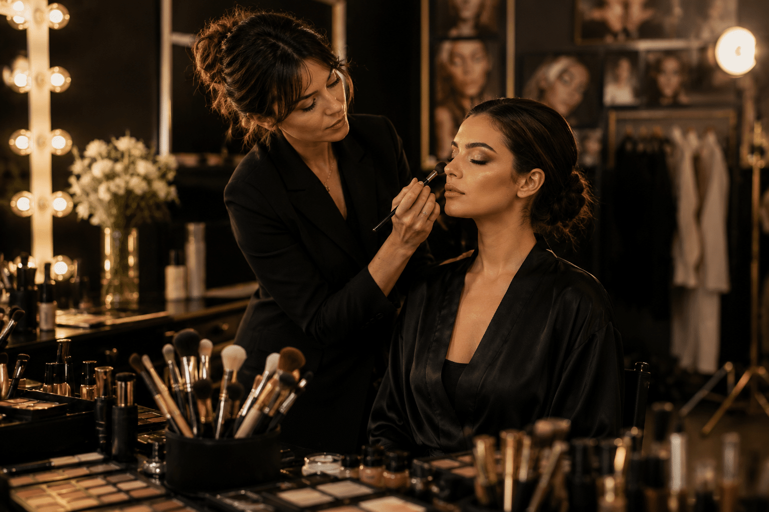 Maquilleuse professionnelle en prestation illustrant les débouchés après une formation au Conservatoire du Maquillage