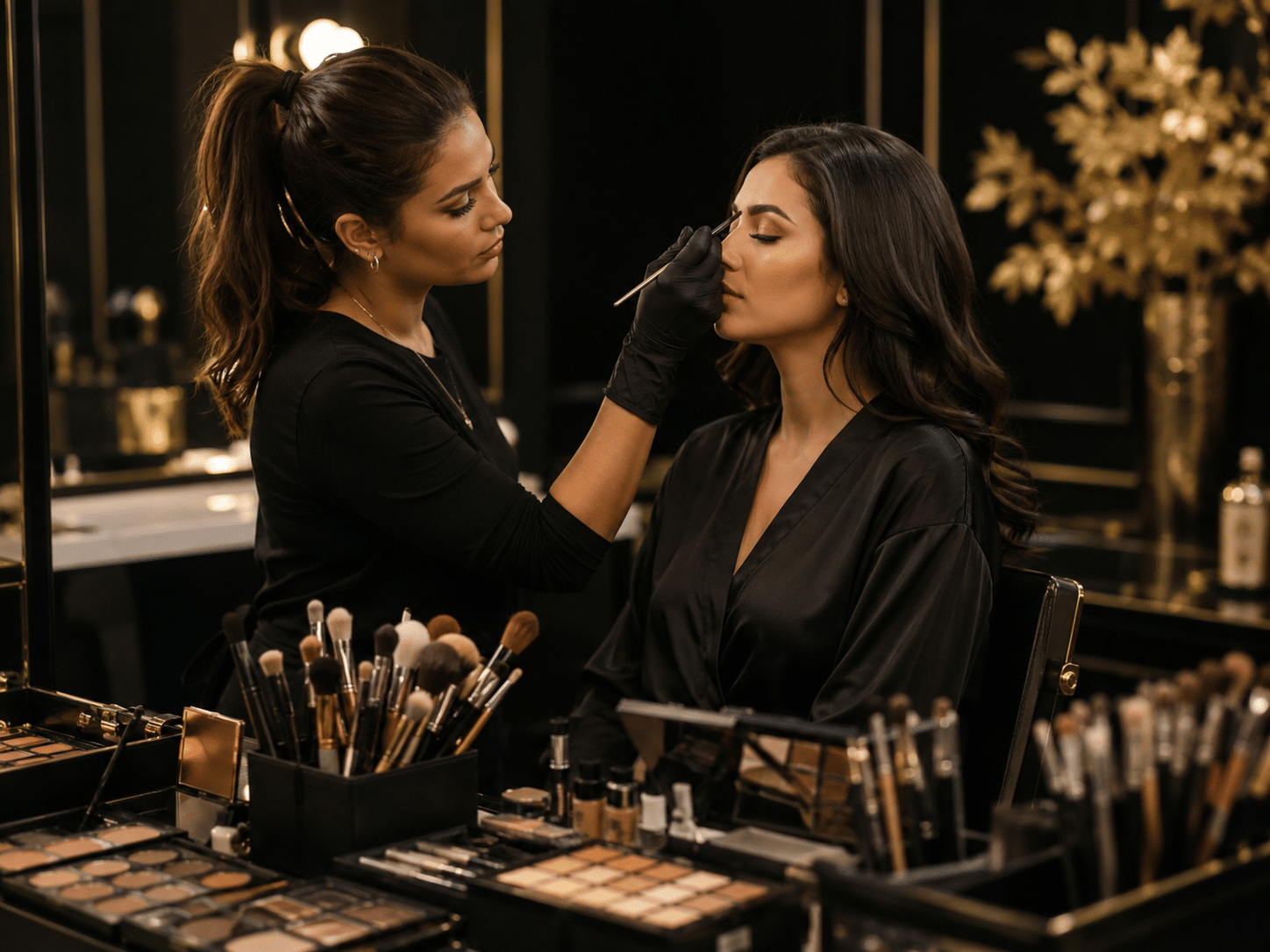 Maquilleuse professionnelle en activité avec son matériel lors d’une prestation pour une cliente