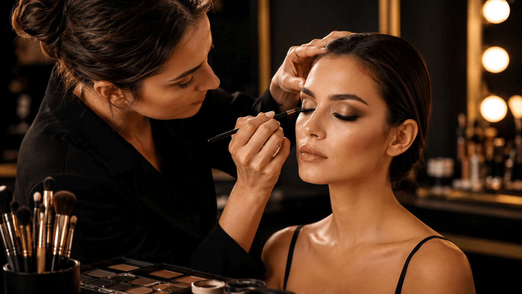 Maquilleuse professionnelle réalisant une technique de maquillage artistique de précision sur un modèle